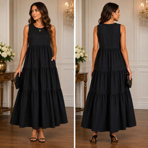 Cynthia Rowley Black Tiered Maxi Dress Sz L Sleeveless Pockets Boho Minimalist